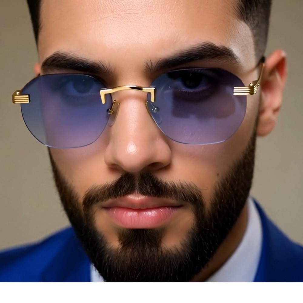 Rimless Sunglasses Men Vintage‎ Designer Style Blue Lens Fashion Shades Lentes